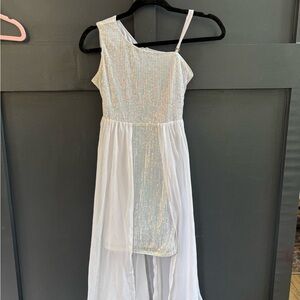 Formal one shoulder sequin dress with flowy chiffon overlay